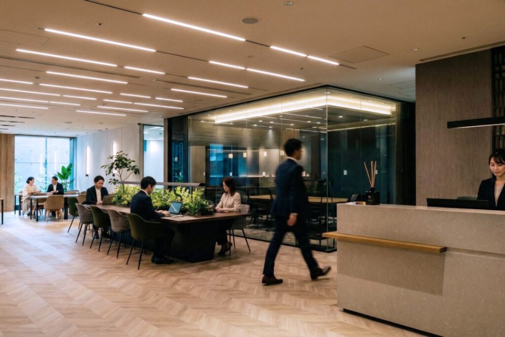 本社の外に設置されたサテライトオフィスで、集中して業務に取り組むビジネスパーソンの様子。通勤時間を削減し効率的に働くイメージ