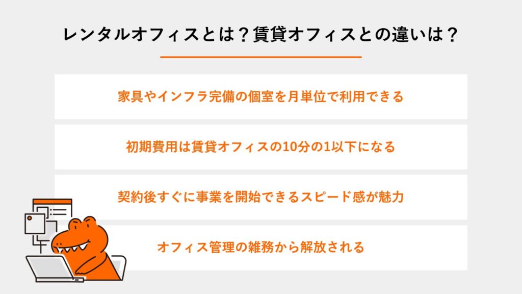 レンタルオフィスと賃貸オフィスの違いを説明する図。家具完備、初期費用の安さ、スピード感、管理業務の軽減といったメリットを、パソコンを操作する恐竜のキャラクターと共に解説